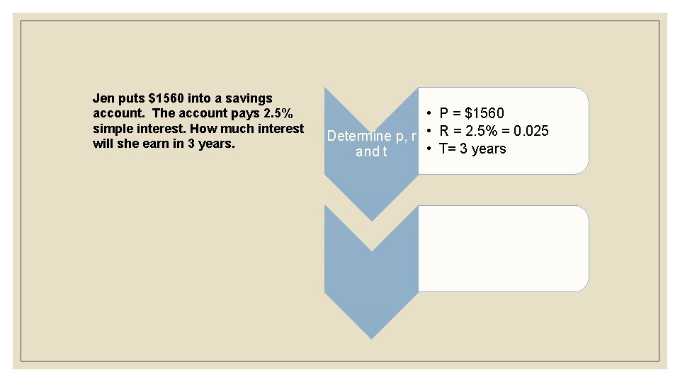 Jen puts $1560 into a savings account. The account pays 2. 5% simple interest.