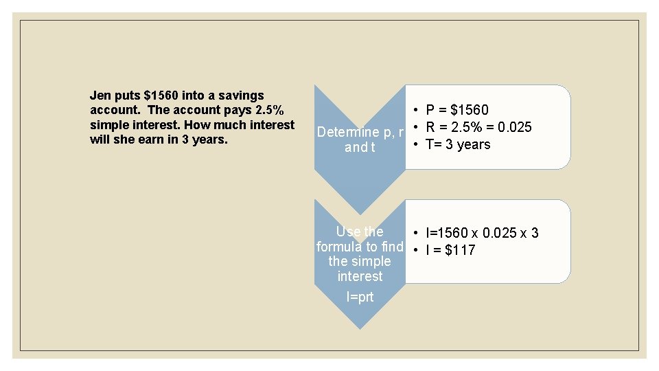 Jen puts $1560 into a savings account. The account pays 2. 5% simple interest.