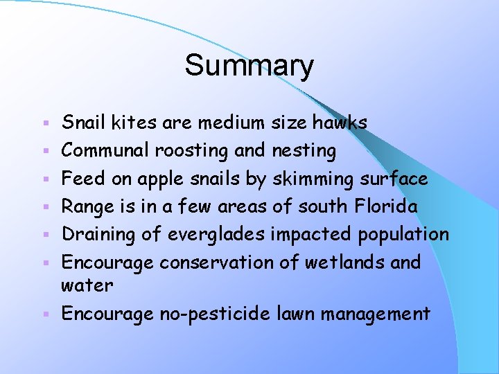 Summary § § § § Snail kites are medium size hawks Communal roosting and