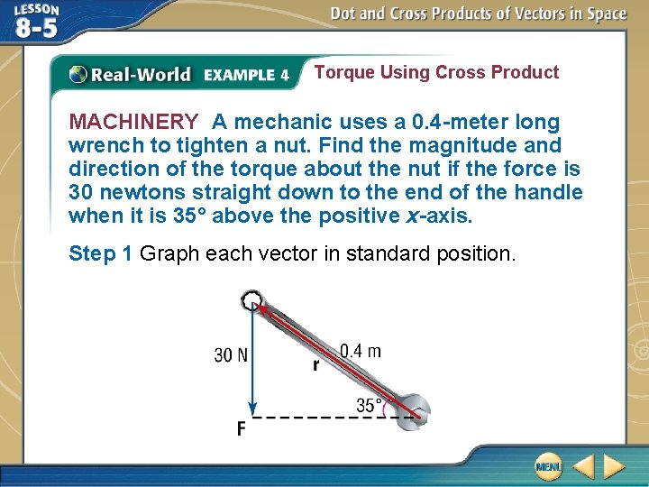 Torque Using Cross Product MACHINERY A mechanic uses a 0. 4 -meter long wrench