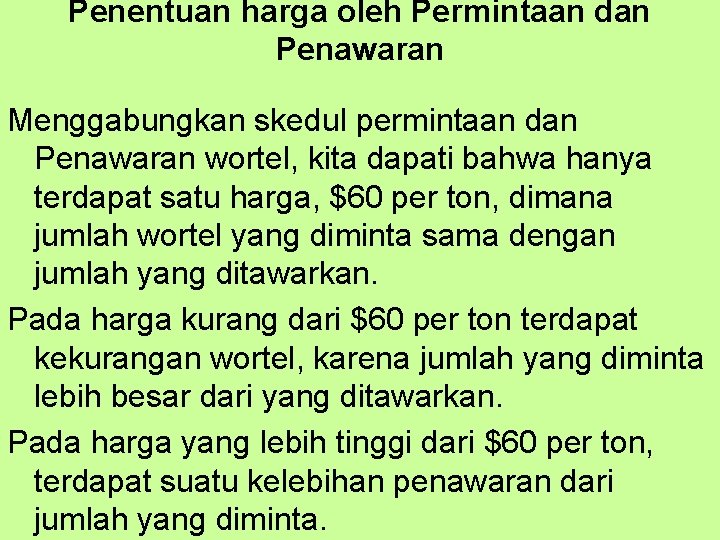 Penentuan harga oleh Permintaan dan Penawaran Menggabungkan skedul permintaan dan Penawaran wortel, kita dapati