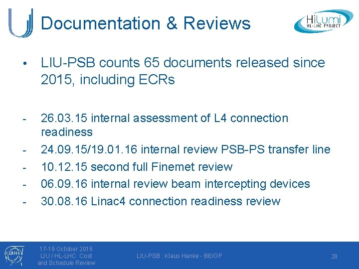 Documentation & Reviews • LIU-PSB counts 65 documents released since 2015, including ECRs -