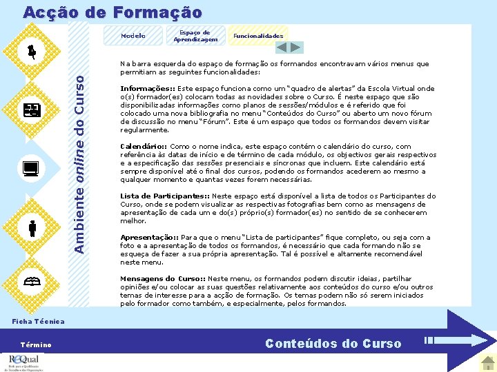 Acção de Formação Modelo Ambiente online do Curso Espaço de Aprendizagem Funcionalidades Na barra