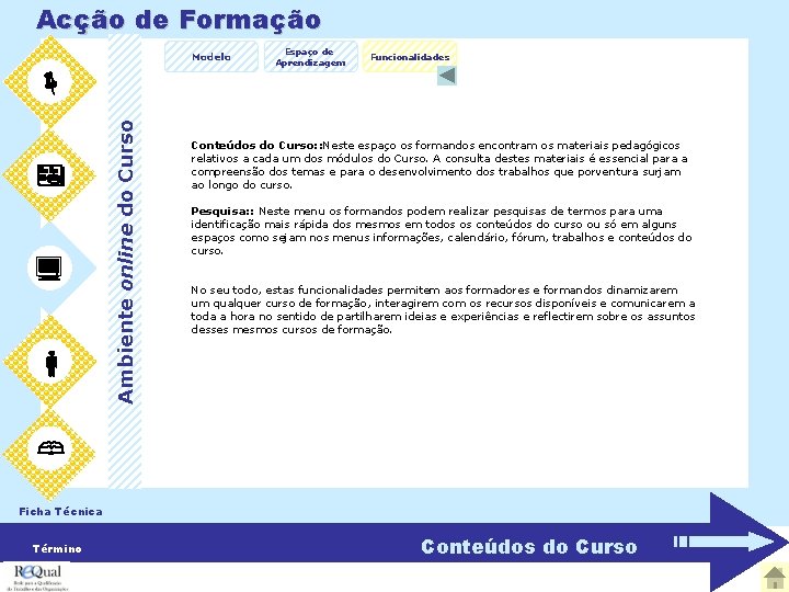 Acção de Formação Modelo Espaço de Aprendizagem Funcionalidades Ambiente online do Curso Conteúdos do