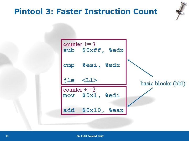 Pintool 3: Faster Instruction Count counter += 3 sub $0 xff, %edx cmp %esi,