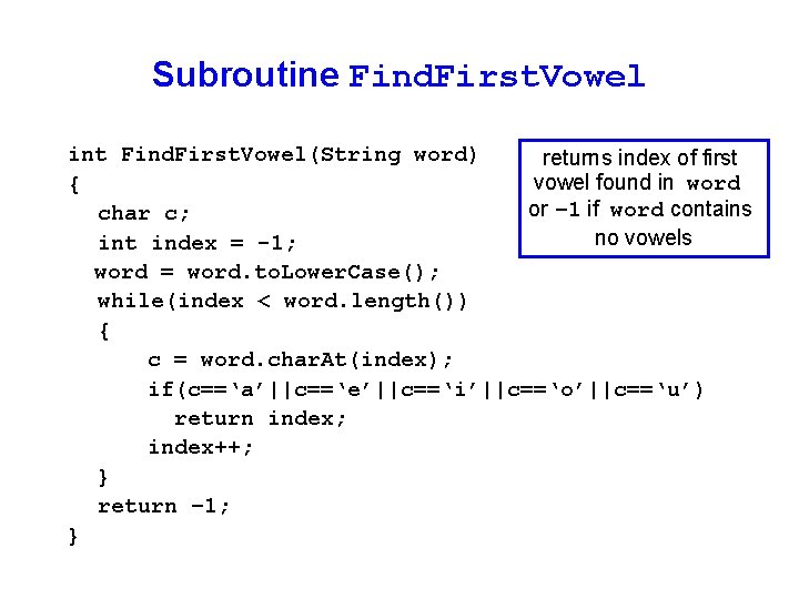 Subroutine Find. First. Vowel int Find. First. Vowel(String word) returns index of first vowel