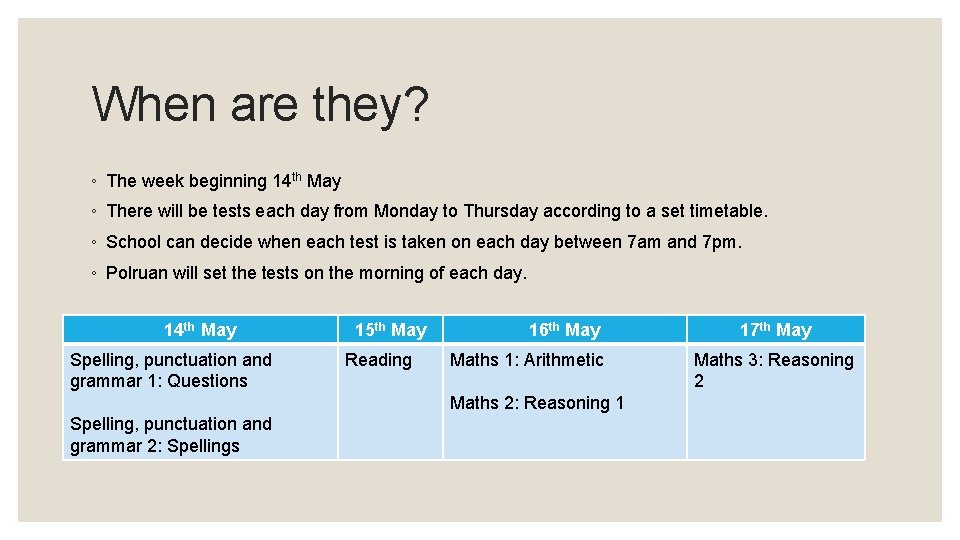 When are they? ◦ The week beginning 14 th May ◦ There will be