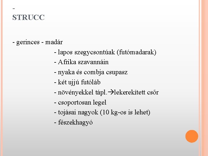 STRUCC - gerinces - madár - lapos szegycsontúak (futómadarak) - Afrika szavannáin - nyaka