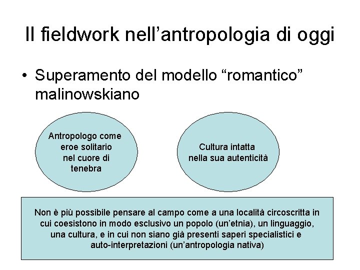 Il fieldwork nell’antropologia di oggi • Superamento del modello “romantico” malinowskiano Antropologo come eroe