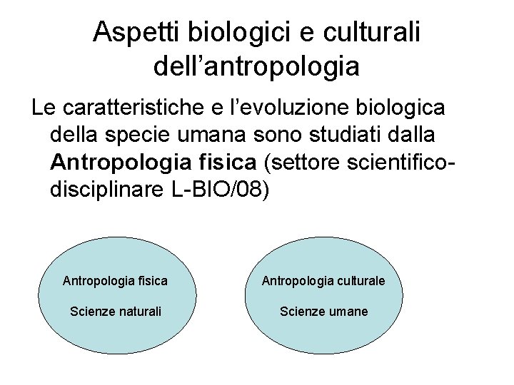 Aspetti biologici e culturali dell’antropologia Le caratteristiche e l’evoluzione biologica della specie umana sono