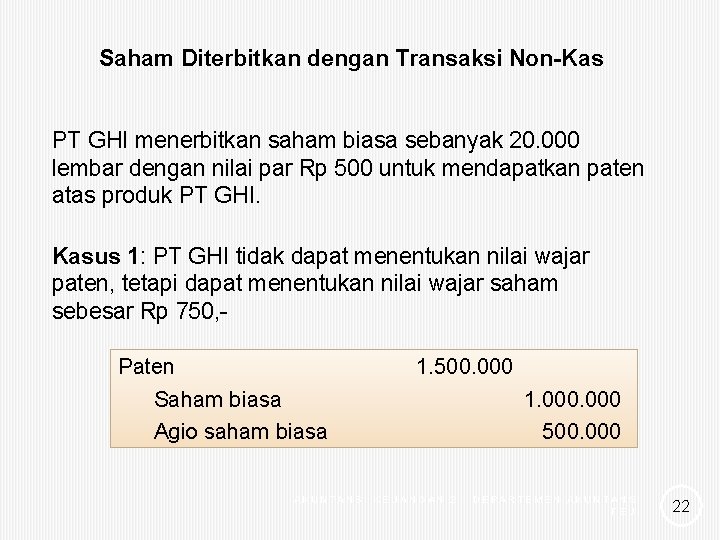 Saham Diterbitkan dengan Transaksi Non-Kas PT GHI menerbitkan saham biasa sebanyak 20. 000 lembar