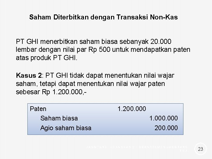 Saham Diterbitkan dengan Transaksi Non-Kas PT GHI menerbitkan saham biasa sebanyak 20. 000 lembar