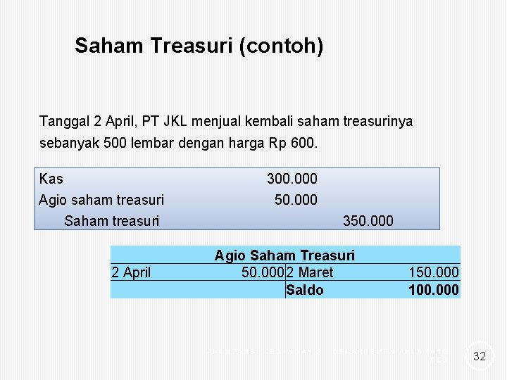 Saham Treasuri (contoh) Tanggal 2 April, PT JKL menjual kembali saham treasurinya sebanyak 500