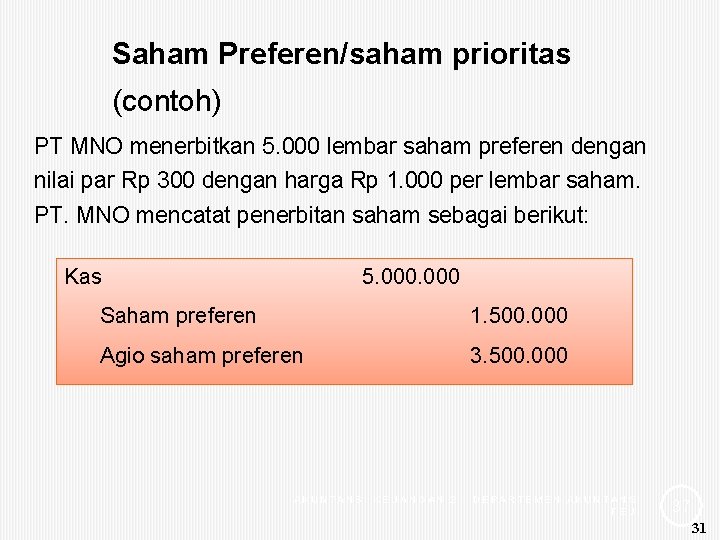 Saham Preferen/saham prioritas (contoh) PT MNO menerbitkan 5. 000 lembar saham preferen dengan nilai