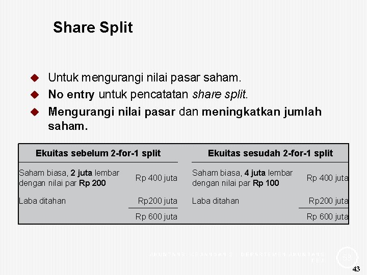 Share Split Untuk mengurangi nilai pasar saham. u No entry untuk pencatatan share split.