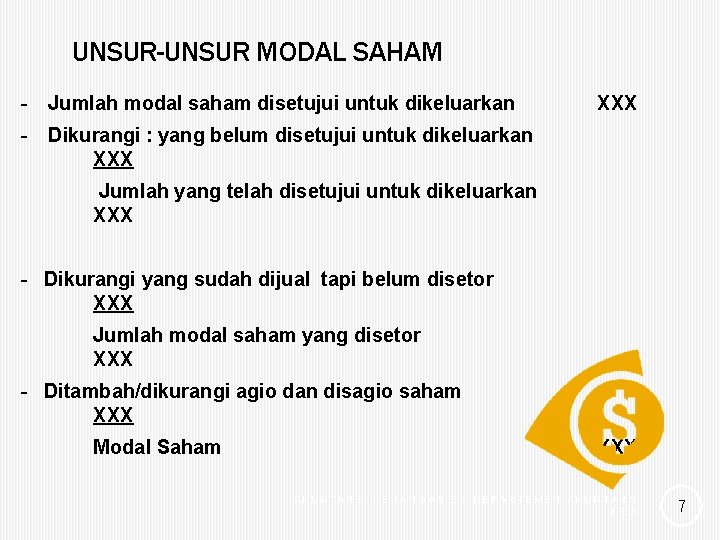UNSUR-UNSUR MODAL SAHAM - Jumlah modal saham disetujui untuk dikeluarkan XXX - Dikurangi :