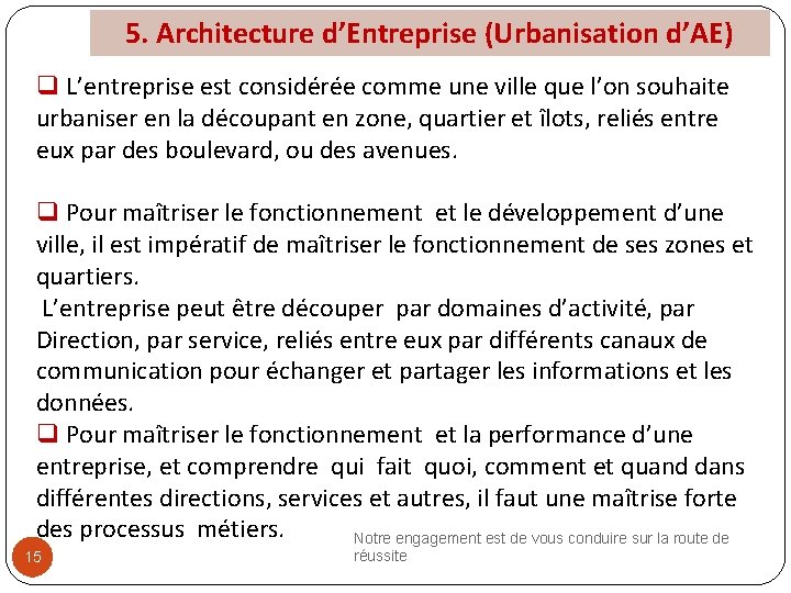 5. Architecture d’Entreprise (Urbanisation d’AE) q L’entreprise est considérée comme une ville que l’on