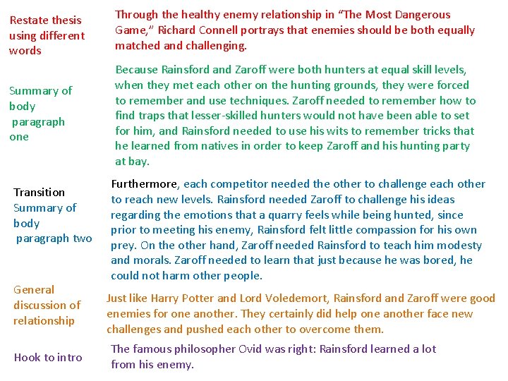 Restate thesis using different words Through the healthy enemy relationship in “The Most Dangerous