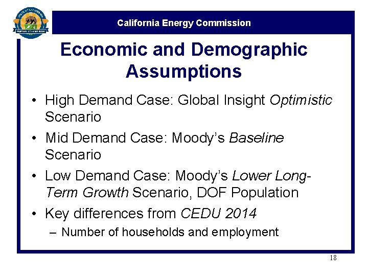 California Energy Commission Economic and Demographic Assumptions • High Demand Case: Global Insight Optimistic