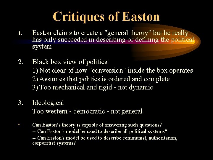 Critiques of Easton 1. Easton claims to create a "general theory" but he really