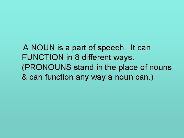 A NOUN is a part of speech. It can FUNCTION in 8 different ways.