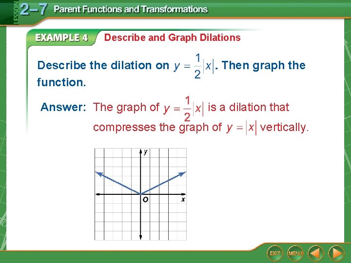 Describe and Graph Dilations Describe the dilation on function. Answer: The graph of Then