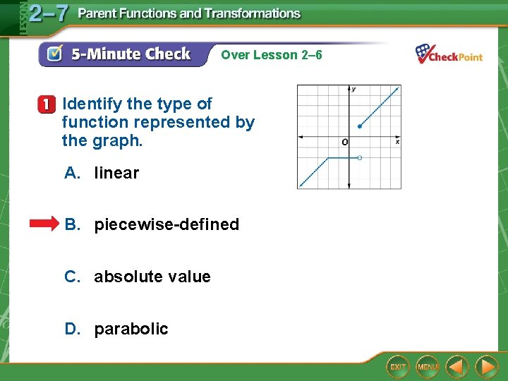 Over Lesson 2– 6 Identify the type of function represented by the graph. A.