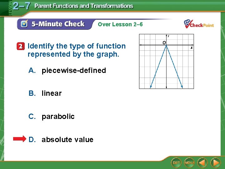 Over Lesson 2– 6 Identify the type of function represented by the graph. A.