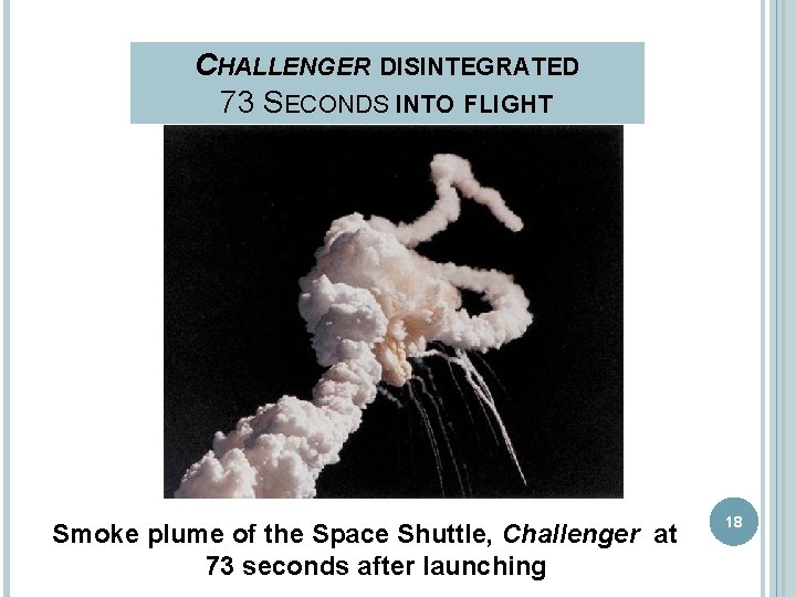 CHALLENGER DISINTEGRATED 73 SECONDS INTO FLIGHT Smoke plume of the Space Shuttle, Challenger at CHALLENGER DISINTEGRATED 73 SECONDS INTO FLIGHT Smoke plume of the Space Shuttle, Challenger at