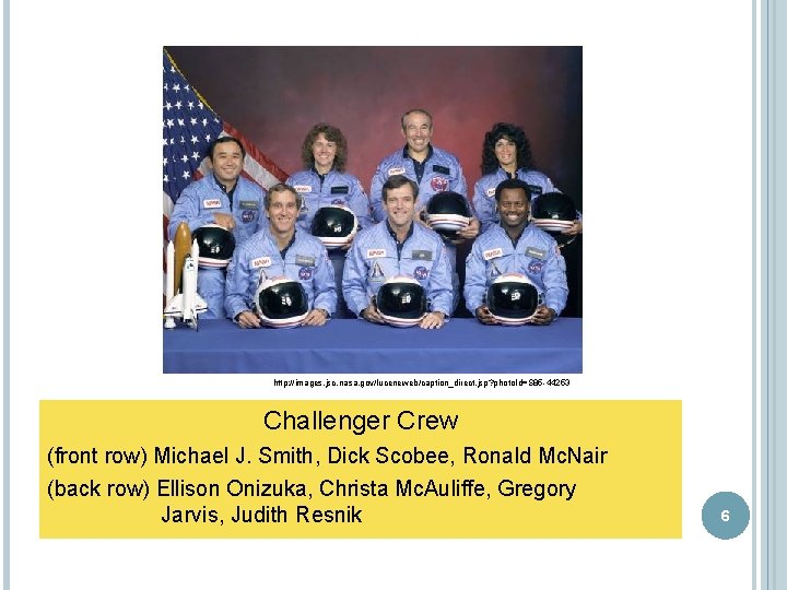 http: //images. jsc. nasa. gov/luceneweb/caption_direct. jsp? photo. Id=S 85 -44253 Challenger Crew (front row) http: //images. jsc. nasa. gov/luceneweb/caption_direct. jsp? photo. Id=S 85 -44253 Challenger Crew (front row)