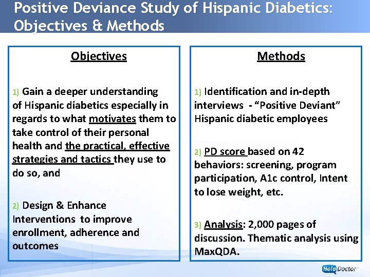 Positive Deviance Study of Hispanic Diabetics: Objectives & Methods www. univision. com Objectives Gain