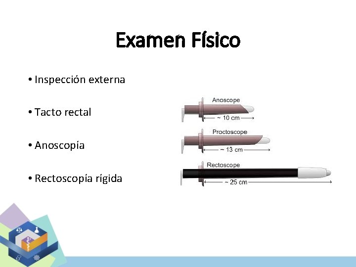 Examen Físico • Inspección externa • Tacto rectal • Anoscopía • Rectoscopía rígida 