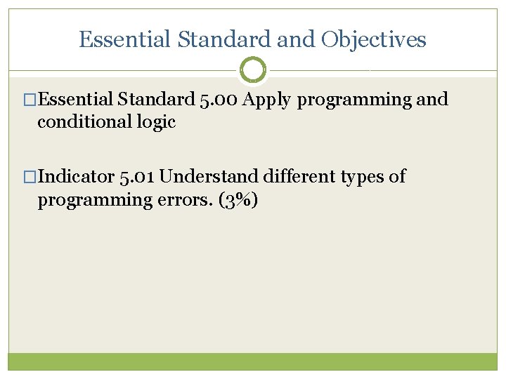 Essential Standard and Objectives �Essential Standard 5. 00 Apply programming and conditional logic �Indicator