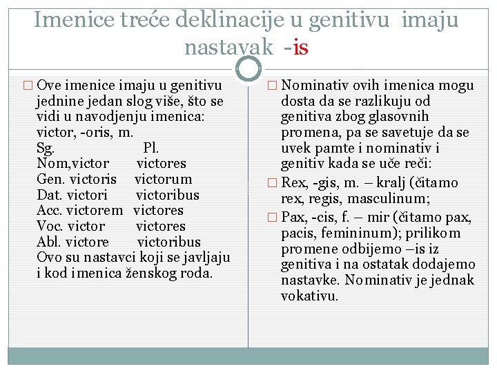 Imenice treće deklinacije u genitivu imaju nastavak -is � Ove imenice imaju u genitivu