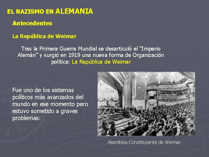 EL NAZISMO EN ALEMANIA Antecedentes La República de Weimar Tras la Primera Guerra Mundial