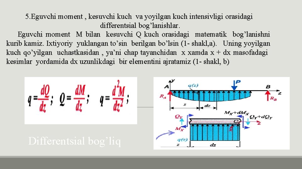 5. Eguvchi moment , kesuvchi kuch va yoyilgan kuch intensivligi orasidagi differentsial bog’lanishlar. Eguvchi