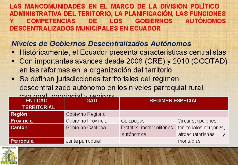 LAS MANCOMUNIDADES EN EL MARCO DE LA DIVISIÓN POLÍTICO – ADMINISTRATIVA DEL TERITORIO, LA