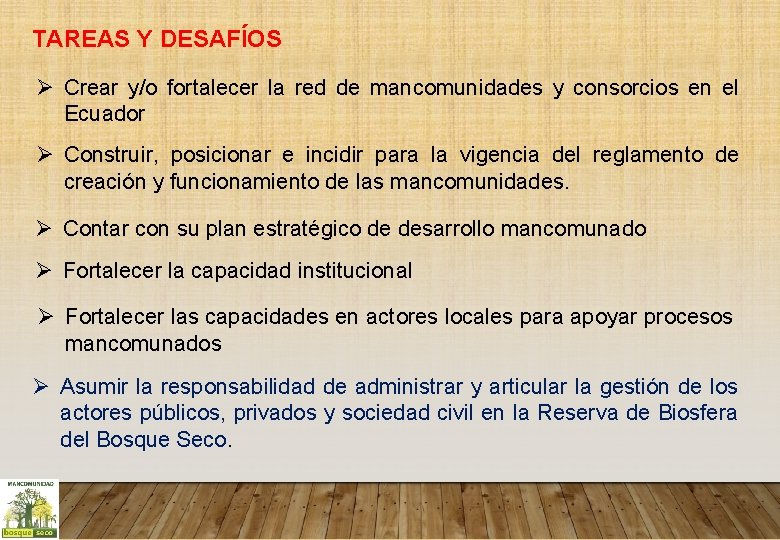 TAREAS Y DESAFÍOS Ø Crear y/o fortalecer la red de mancomunidades y consorcios en