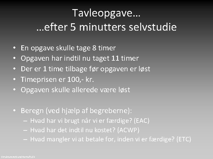 Tavleopgave… …efter 5 minutters selvstudie • • • En opgave skulle tage 8 timer Tavleopgave… …efter 5 minutters selvstudie • • • En opgave skulle tage 8 timer