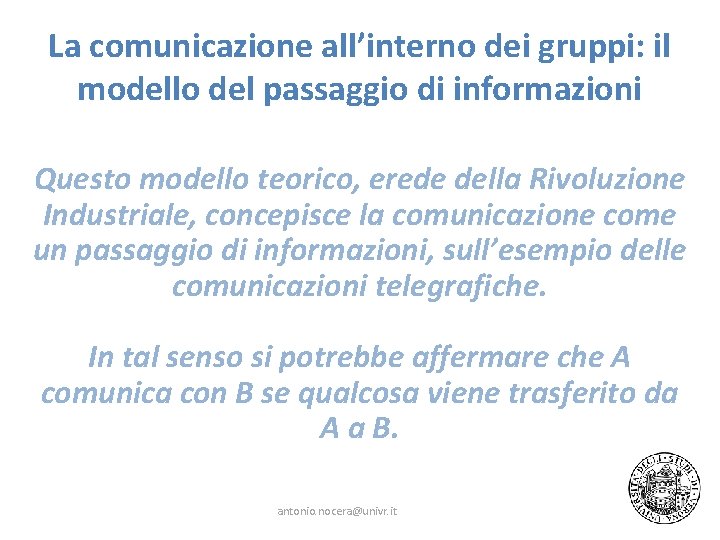 La comunicazione all’interno dei gruppi: il modello del passaggio di informazioni Questo modello teorico,