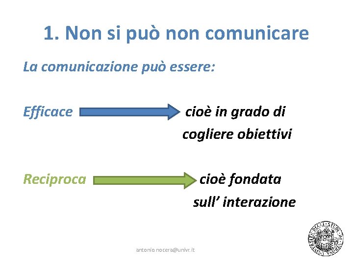 1. Non si può non comunicare La comunicazione può essere: Efficace Reciproca cioè in