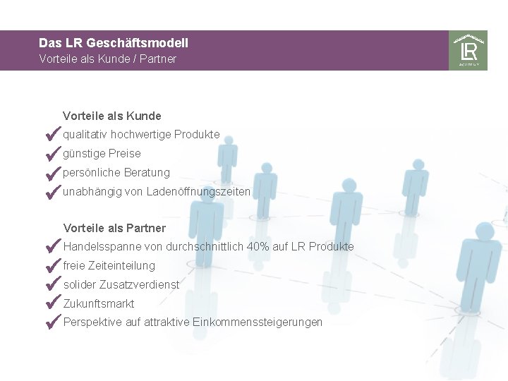 Das LR Geschäftsmodell Vorteile als Kunde / Partner Vorteile als Kunde qualitativ hochwertige Produkte