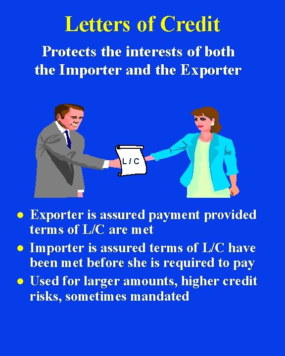 Letters of Credit Protects the interests of both the Importer and the Exporter L/C