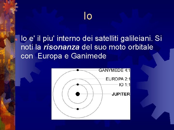 Io Io e' il piu' interno dei satelliti galileiani. Si noti la risonanza del Io Io e' il piu' interno dei satelliti galileiani. Si noti la risonanza del