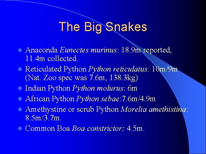 The Big Snakes l l l Anaconda Eunectes murinus: 18. 9 m reported, 11.