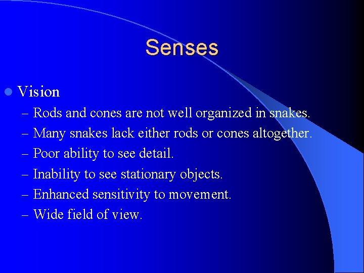 Senses l Vision – Rods and cones are not well organized in snakes. –