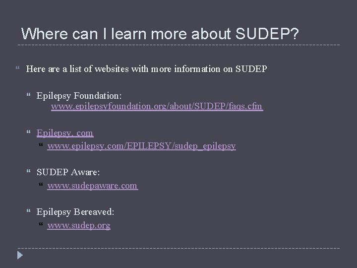 Where can I learn more about SUDEP? Here a list of websites with more