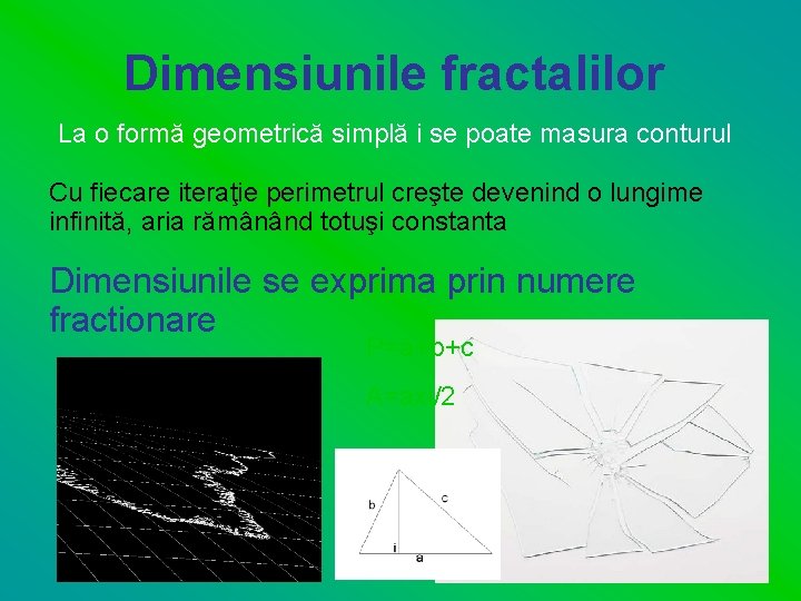 Dimensiunile fractalilor La o formă geometrică simplă i se poate masura conturul Cu fiecare