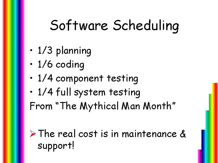 Software Scheduling • 1/3 planning • 1/6 coding • 1/4 component testing • 1/4