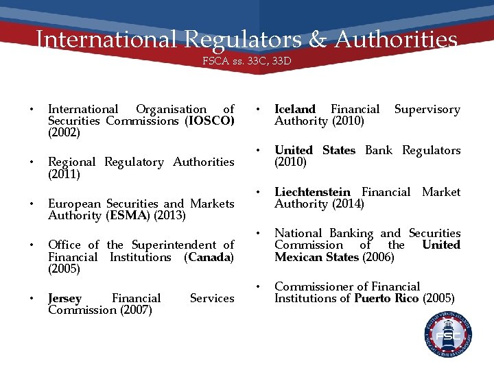 International Regulators & Authorities FSCA ss. 33 C, 33 D • • • International